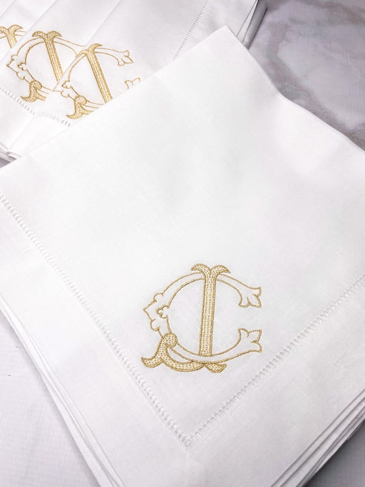 Linen/Cotton Blend Hemstitched Dinner Napkins - Antique Chic 2 Letter Monogram