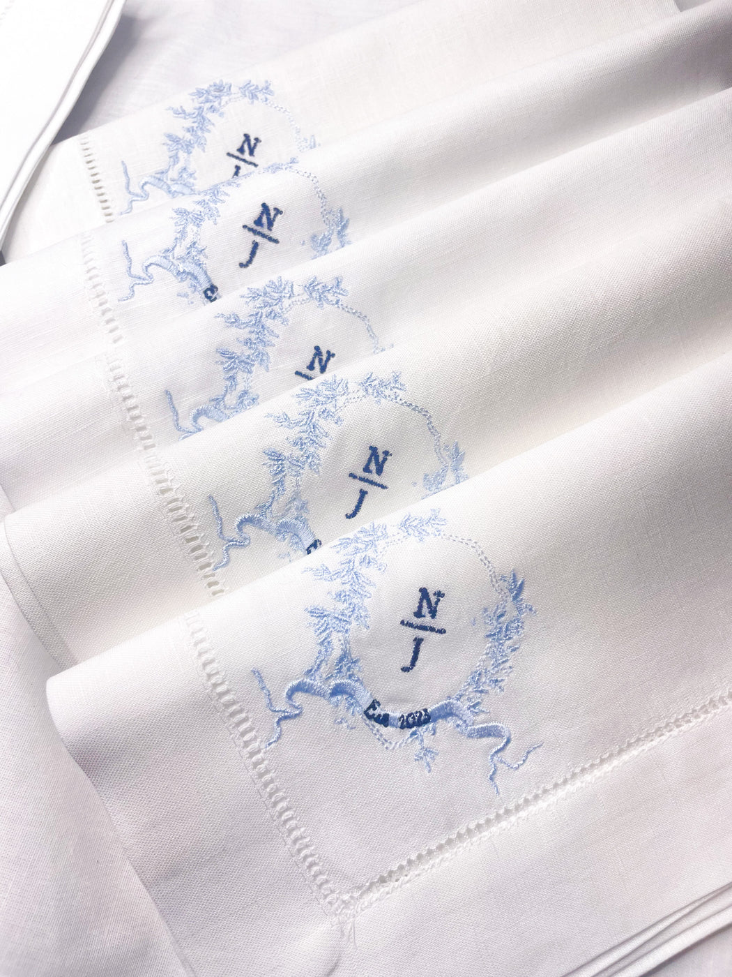 Linen/Cotton Blend Hemstitched Dinner Napkins - Custom couple logo with wreath or frame
