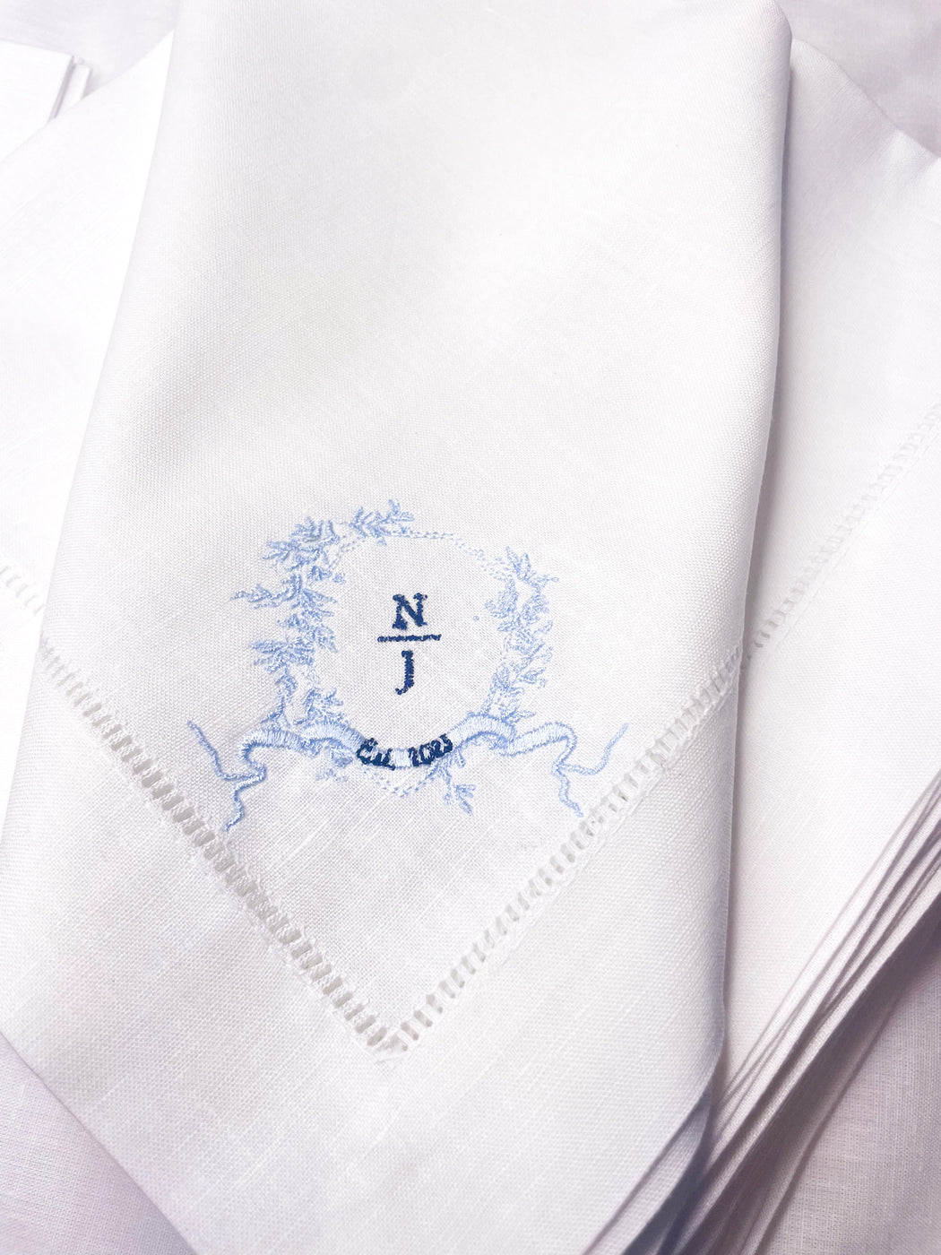 Linen/Cotton Blend Hemstitched Dinner Napkins - Custom couple logo with wreath or frame