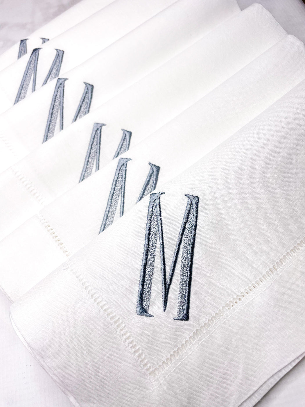 Linen/Cotton Blend Hemstitched Dinner Napkins - Single Letter Serif Shadow