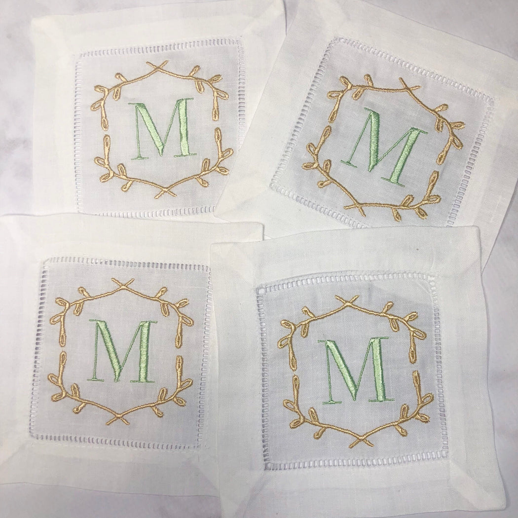 Set of Spring Monogrammed Linen Cocktail Napkins