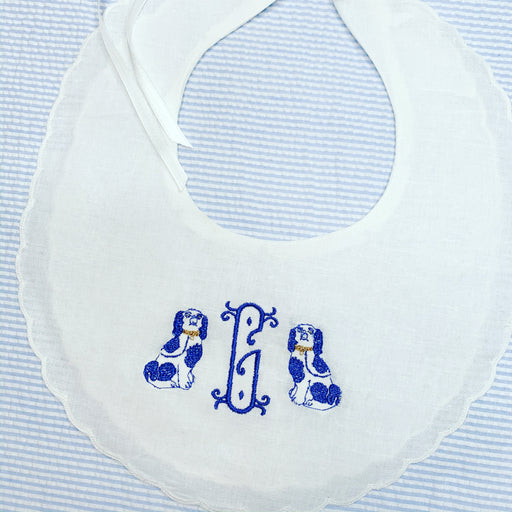 Baby Girl/Boy Embroidered Scalloped linen Monogrammed Bib Staffordshire Dogs