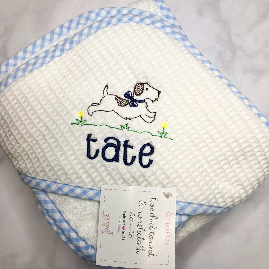Gingham check hooded bath towel and washcloth set - Blue
