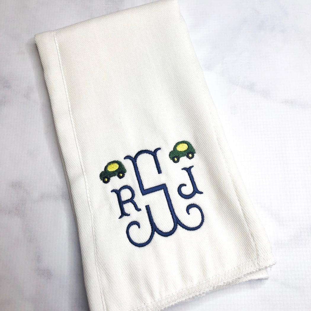 Baby Boy Personalized Monogrammed Burp Cloth Set of 2 - Dog and Cars