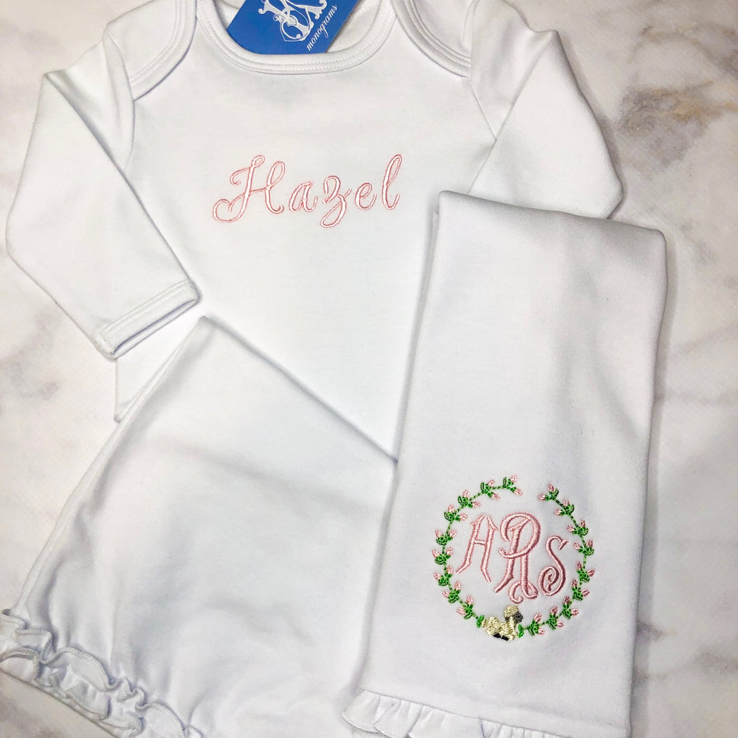 Baby Girl Coming Home Outfit, White Monogrammed gown, Bow and burp cloth - lamb, flowers