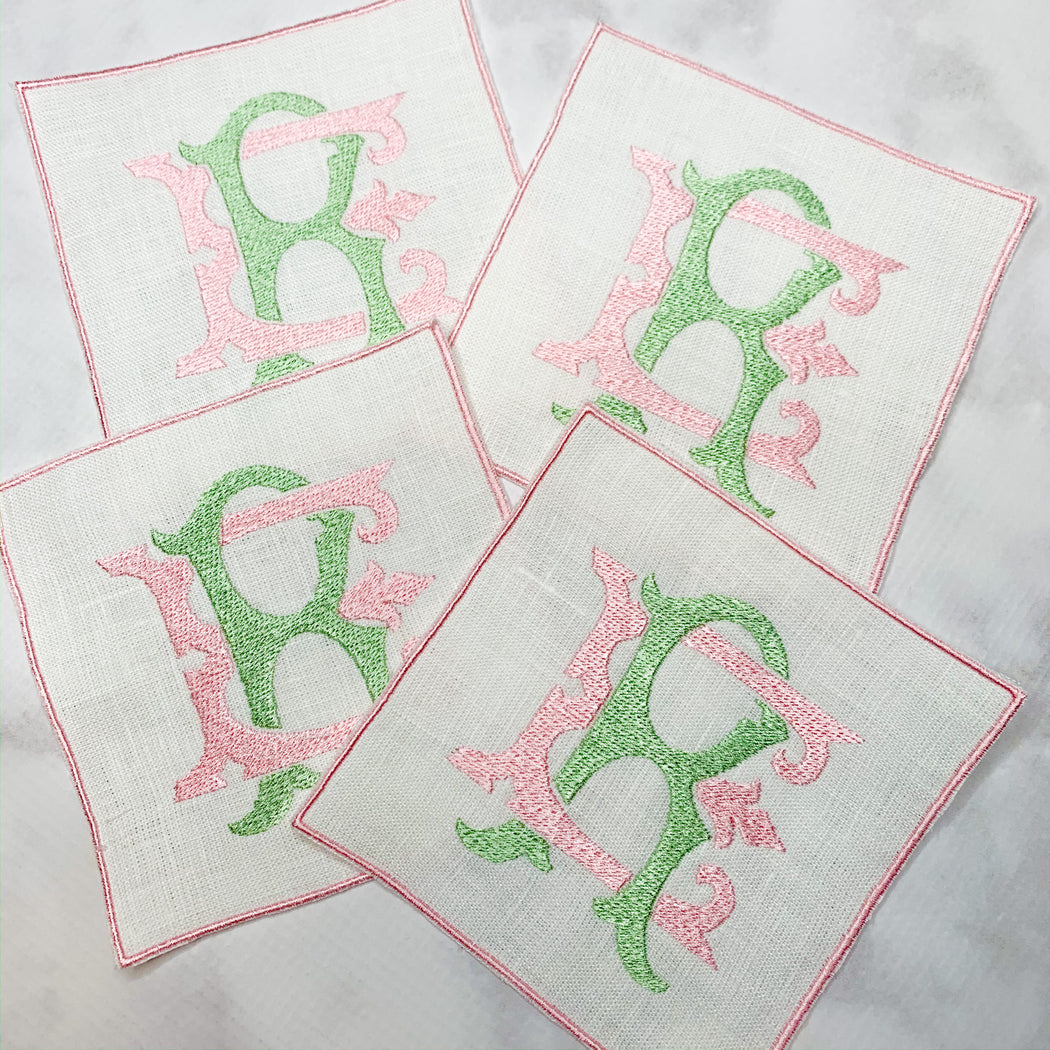 Linen Cocktail napkins with embroidered edge Pink and Green