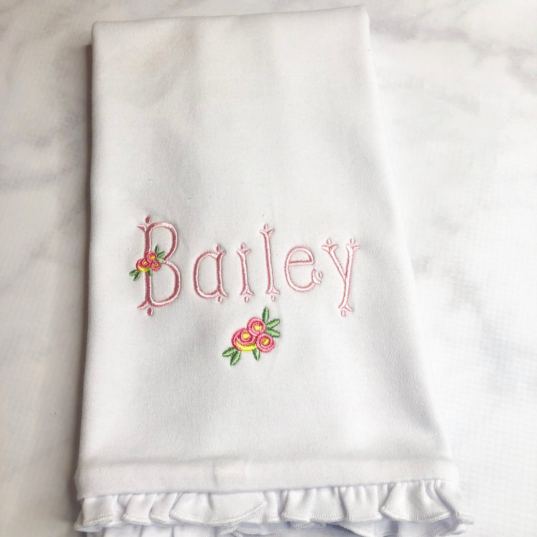 Baby Girl Personalized Ruffle Burp Cloth Set of 2 - Monogram / Roses Theme