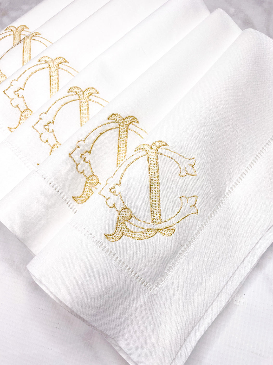 Linen/Cotton Blend Hemstitched Dinner Napkins - Antique Chic 2 Letter Monogram