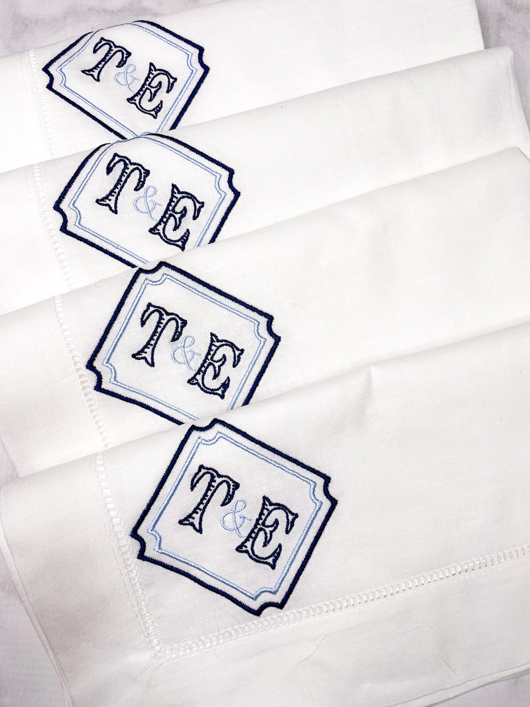 Linen/Cotton Blend Hemstitched Dinner Napkins - Couples two initials with frame