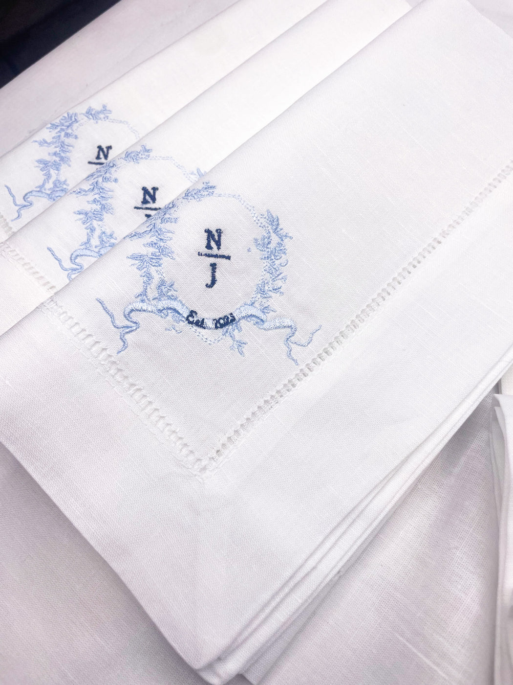 Linen/Cotton Blend Hemstitched Dinner Napkins - Custom couple logo with wreath or frame