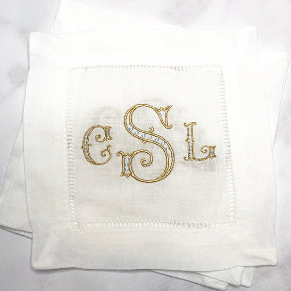 Classic Arabesque Monogrammed Set of Linen Cocktail Napkins