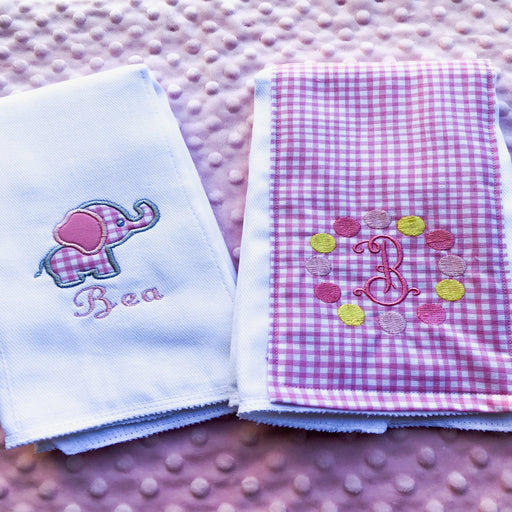 Baby Girl Personalized Burp Cloth Set of 2 - Elephant / Circus Theme