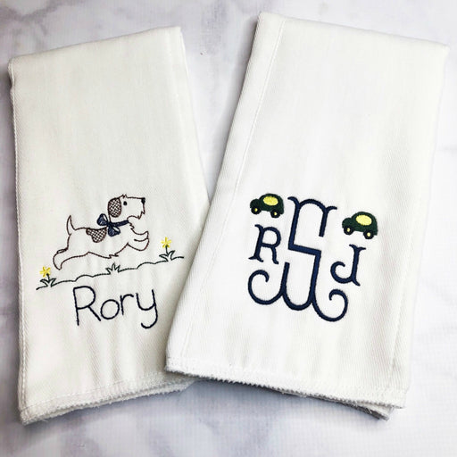 Baby Boy Personalized Monogrammed Burp Cloth Set of 2 - Dog and Cars