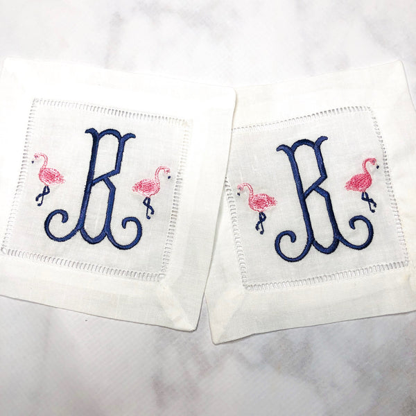 Flamingo Monogrammed Set of Linen Cocktail Napkins