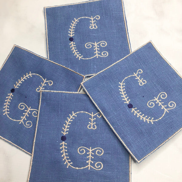 Linen Cocktail Napkin with Embroidered edge - Blue and Pink