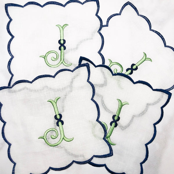 Scalloped Set of Linen Cocktail Napkins - Navy Blue