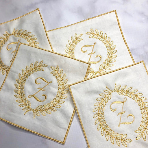 Linen Cocktail Napkins with Embroidered edge - Cream and Gold