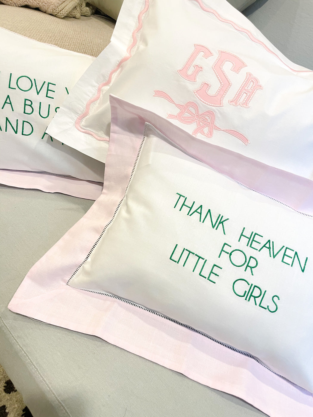 Embroidered Thank Heaven for Little Girls pillow boudoir size for Nursery