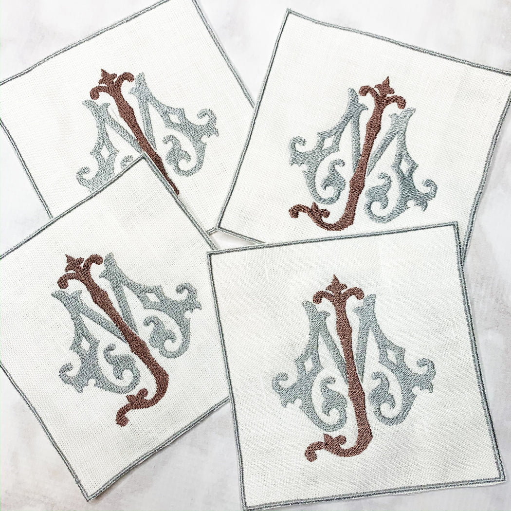 Linen Cocktail Napkins Coasters with embroidered edge Silver and Brown