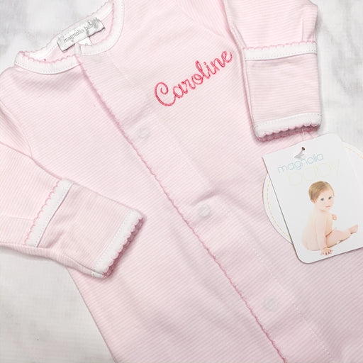 Baby Girl Pink and White mini-stripe Monogrammed footie ,Personalized baby Gift