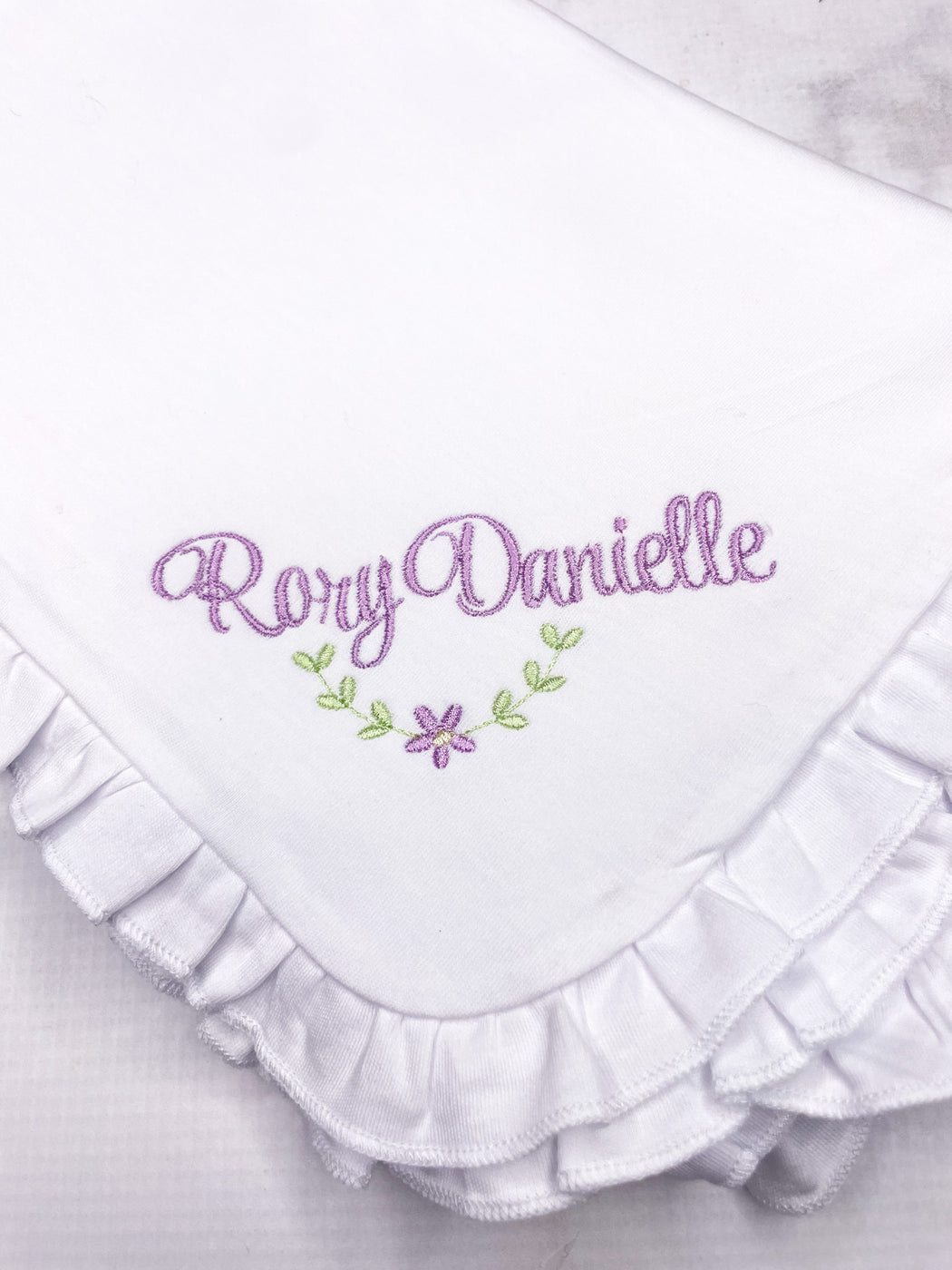 Baby Girl White Ruffled Receiving blanket Personalized gift