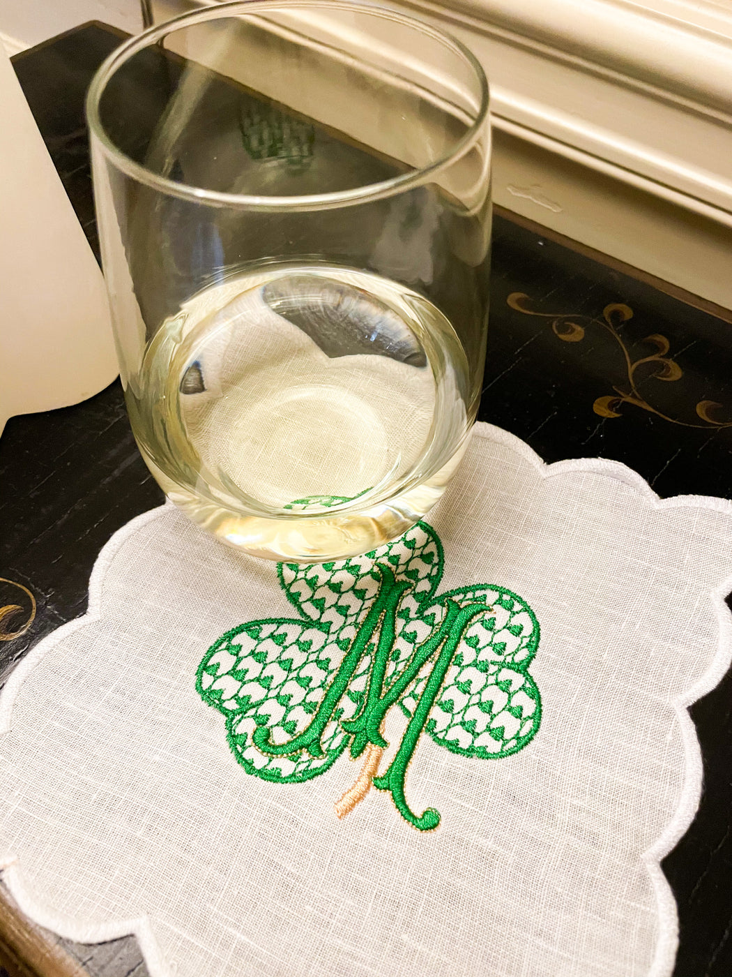 Monogrammed Shamrock, Luck of the Irish Scalloped set of cocktail napkins