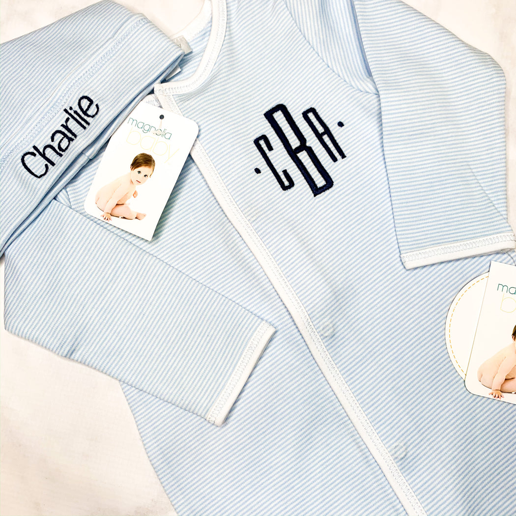 Baby Boy blue and white mini stripe Monogrammed footie ,Personalized baby Gift