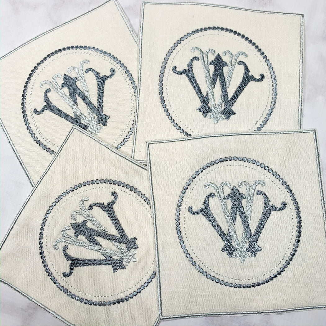 Linen Monogrammed Cocktail Napkins Coasters with embroidered edge Gray