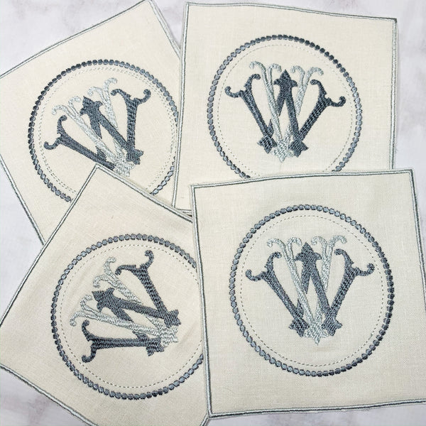 Linen Monogrammed Cocktail Napkins Coasters with embroidered edge Gray