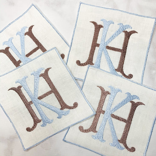 Linen Monogrammed Cocktail Napkins Coasters with embroidered edge Blue and Brown