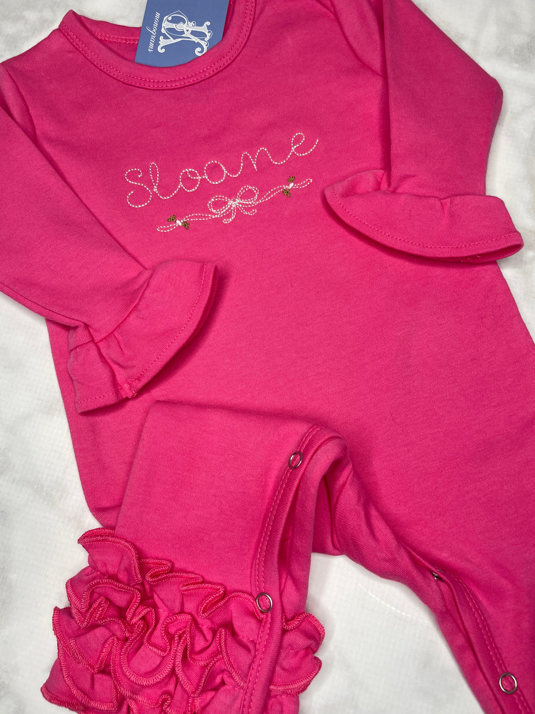 Girls Baby Personalized Long Sleeve Romper with Ruffle Trim