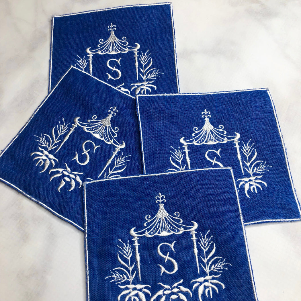 Linen Cocktail Napkin with Embroidered edge - Royal Blue