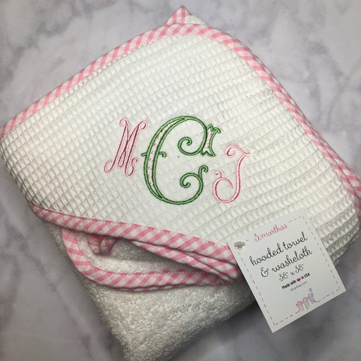 Gingham hooded bath towel and washcloth set - Pink