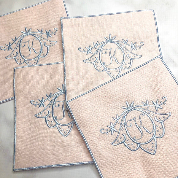 Linen Cocktail Napkin with Embroidered edge - Pink and Blue