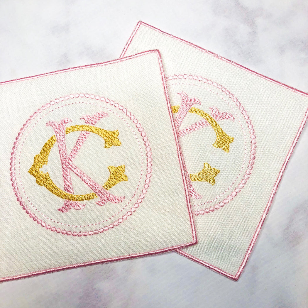 Linen Cocktail Napkin with Embroidered edge - Pink and Yellow/Gold Circle