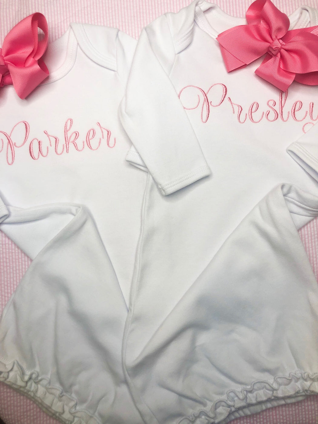Baby Girl Welcome Home Outfit, White/Pink Monogrammed gown and bow